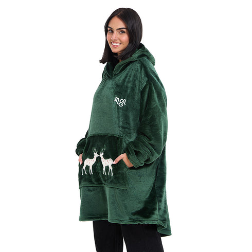 Snuggs Blanket Hoodie Dark Green Christmas Deer Pocket